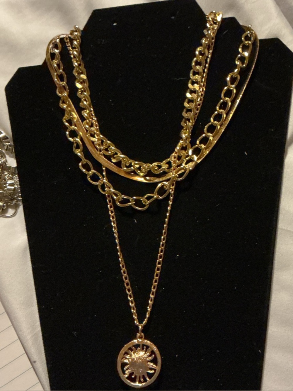 Gold Tone Layered Chain Necklace Sun Pendant Multi Chain Statement